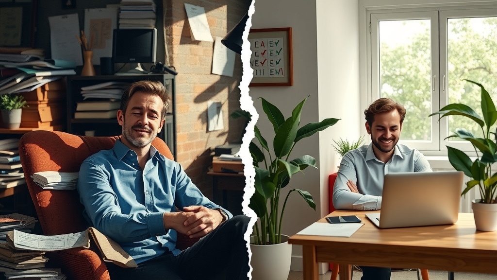 vertical split screen depicting deep personal transformation left side shows a stressed business owner overwhelmed with work sitting in a dark cluttered office filled with messy papers outdated technology and chaotic sticky notes cold muted blues grays and browns harsh side lighting casting sharp shadows his face showing exhaustion frustration and anxiety right side same person now relaxed and joyful bathed in warm natural sunlight in a tidy bright workspace with minimalist decor using a laptop displaying a clean automation checklist surrounded by green plants and nature outside the window his posture open smiling calm and confident the dividing line is a strong visual crack separating the two worlds emphasizing contrast between chaos and order despair and productivity no text symbols or logos realistic detailed facial expressions contrasting lighting and color palettes representing the journey from overwhelm to empowered business management with automation