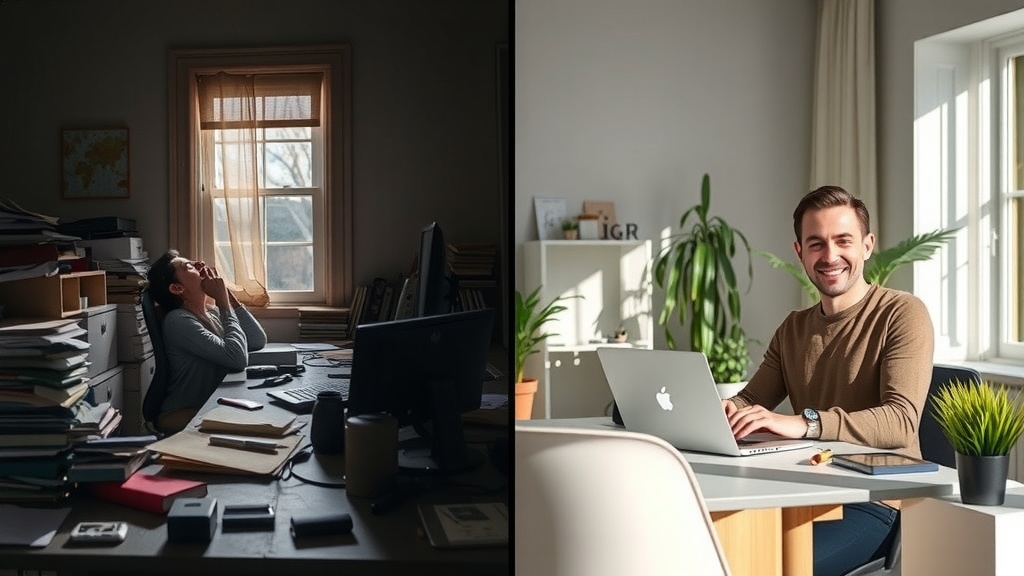 Vertical split-screen image showing deep emotional transformation of a small business owner in 2025 left side The owner appears stressed overwhelmed and frustrated sitting at a cluttered desk filled with papers devices and multiple tabs open comparing Make.com and Zapier the room is dark with muted gray brown and blue tones harsh side lighting casts sharp shadows around with a chaotic atmosphere and tired strained facial expression right side The same owner relaxed and joyful in a bright sunlit modern office surrounded by plants and organized workspace natural green gold and pastel colors dominate soft diffuse lighting creates a warm serene mood the owner smiles confidently working efficiently on a laptop with Make.com interface visible peaceful and energized body language sharp visual dividing line down the center symbolizing the transition from struggle to clarity and automation mastery no text symbols or numbers visible