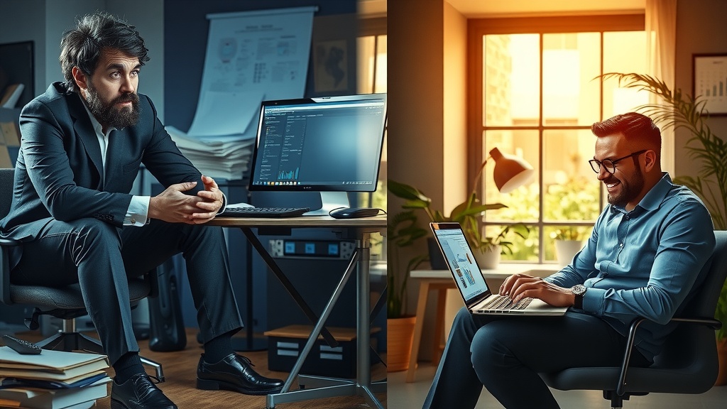 Highly detailed vertical split-screen image showing a stressed mid-30s business professional on the left side sitting in a cluttered dim office with muted gray and brown tones cold blue side lighting and a frustrated expression overwhelmed by chaotic papers multiple devices with endless notifications symbolizing process inefficiency and business struggle on the right side the same person now relaxed confident and inspired bathed in warm golden sunlight sitting in a tidy modern workspace surrounded by greenery smiling while using a sleek laptop displaying AI tools and charts representing effective ChatGPT prompt applications boosting business efficiency and profit a clear sharp visual divide symbolizing transformation with contrasting light and color showing despair turning into empowerment and success no text no symbols only expressive facial details body language and environment conveying deep emotional contrast