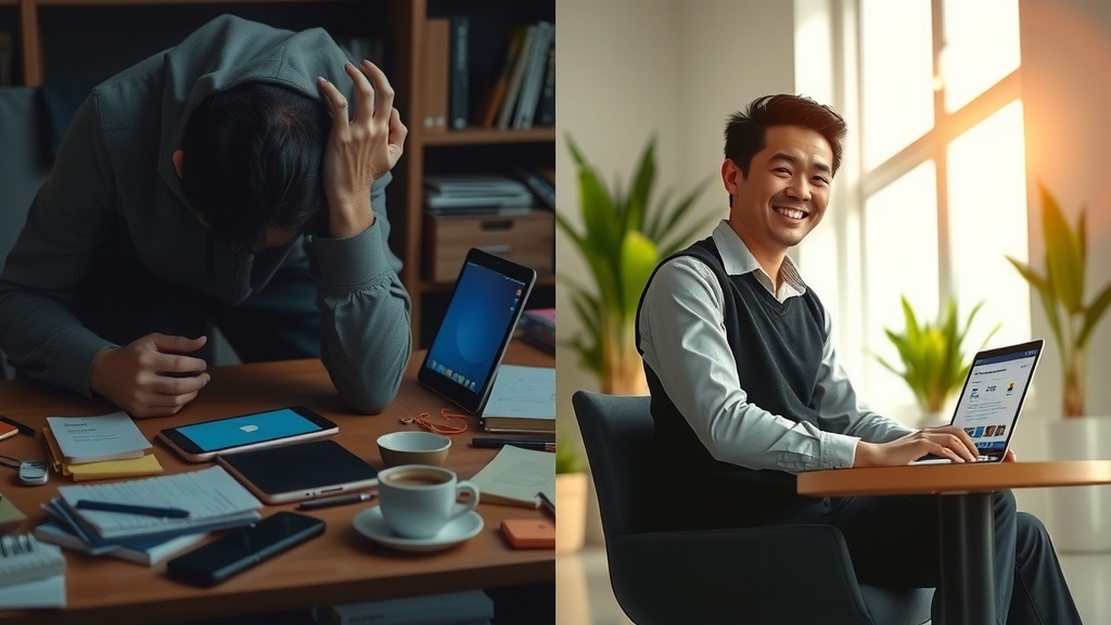 A vertical split-screen image showing a stressed social media marketer on the left side hunched over a cluttered desk filled with multiple devices displaying overwhelming notifications and social media apps with dark muted grays blues and browns harsh side lighting emphasizing exhaustion anxiety and burnout chaotic background with scattered notes and empty coffee cups the same person on the right side transformed and relaxed sitting upright in a bright sunlit minimalist office surrounded by green plants and natural elements smiling confidently working efficiently on a sleek laptop with a clean automated workflow dashboard visible soft warm golden light illuminating a serene organized space evoking calm freedom and productivity the clear visual border between left and right halves symbolizing transformation and liberation from digital chaos no text symbols or numbers realistic detailed facial expressions showing fatigue on left and inspiration on right distinct contrast in colors lighting emotions and environment