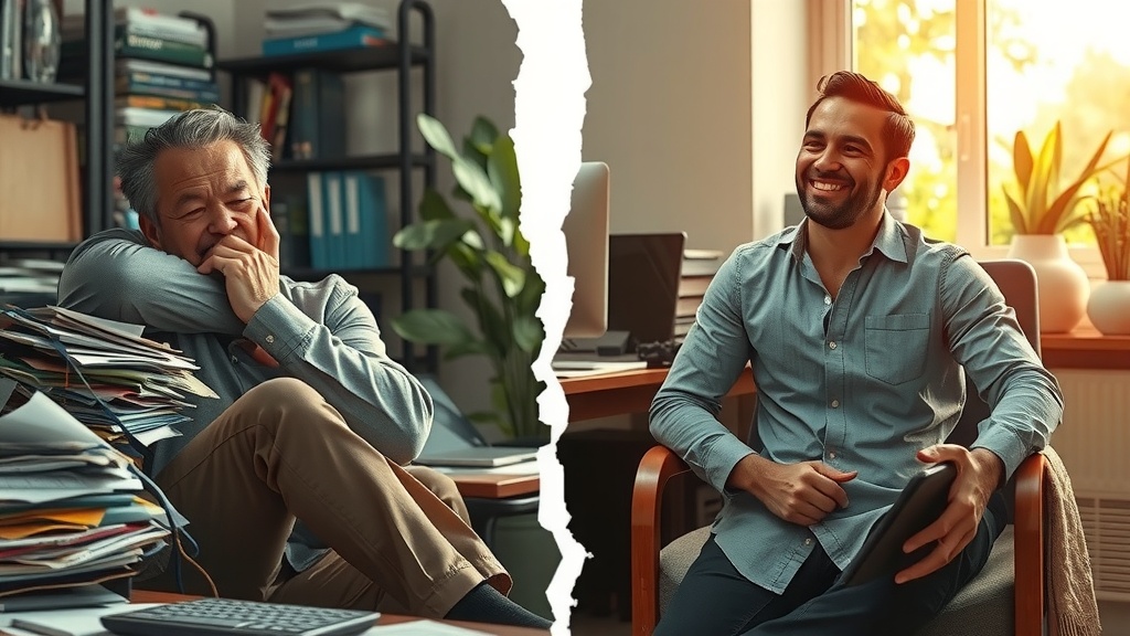 Highly detailed vertical split-screen image showing deep transformation of a business entrepreneur Left side Depicts a stressed entrepreneur sitting in a cluttered dimly lit office with dirty gray and brown tones harsh side lighting the person appears overwhelmed anxious frustrated with a slouched posture piles of paperwork scattered devices with chaotic notifications and a tired grim expression conveying despair isolation and burnout The surroundings messy chaotic emphasizing pressure and confusion Right side Shows the same entrepreneur in the same seated position but visibly transformed relaxed joyful inspired and energized surrounded by natural warm pastel colors golden sunlight soft diffused lighting and an organized bright comfortable workspace The person smiles peacefully wearing casual clean clothes interacting happily with family members or enjoying nature Through a large window greenery and soft natural elements visible The distinct vertical divide between the two halves is marked by a sharp contrast in color light and mood resembling a visual crack symbolizing transformation no text symbols or numbers present the facial features detailed conveying emotion the pose identical but body language changed reflecting internal change overall conveying the powerful impact of business process automation in turning despair into success and harmony