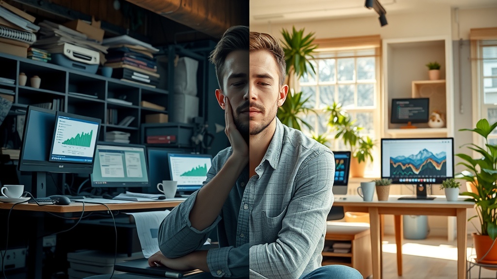 vertical split-screen image powerful transformation of a business professional left side showing a stressed and overwhelmed young entrepreneur sitting in a dark, cluttered office with multiple glowing screens, messy desk with scattered papers and coffee cups, cold desaturated colors of gray, brown, dark blue and black, harsh dim side lighting casting deep shadows, expression of frustration and exhaustion, chaotic background full of overlapping notifications and tangled cables right side the same person now calm and confident in a bright, modern workspace filled with natural sunlight, warm golden and green pastel tones, soft diffuse lighting creating a peaceful atmosphere, relaxed posture with a slight smile, surrounded by plants and organized tech devices displaying successful automation dashboards, visual sharp dividing line between the two halves emphasizing contrast between chaos and order no text no symbols no numbers realistic cinematic style detailed face details clear emotional contrast