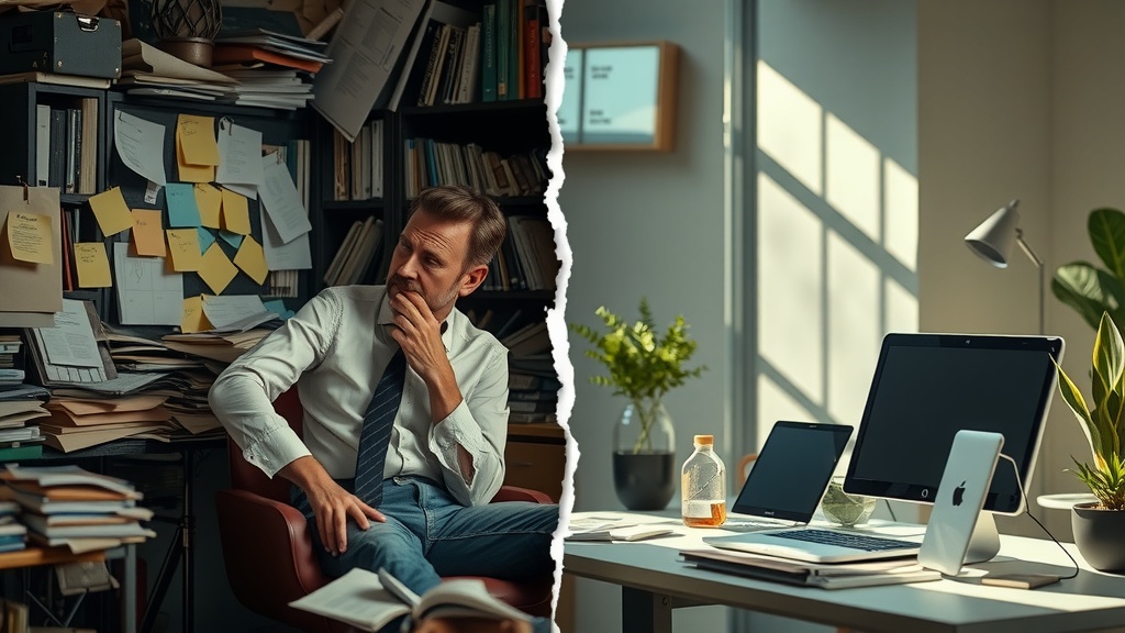 Vertical split-screen highly detailed visual narrative left side stressed business owner in cluttered dim office surrounded by outdated marketing materials manual tools and chaotic sticky notes soaked in muted grays browns blues and blacks harsh side lighting casting deep shadows showing exhaustion frustration and overwhelm right side same business owner joyful confident relaxed in bright sunlit modern workspace using sleek futuristic digital automation tools on computer screen warm golden and pastel greens soft natural lighting highlighting calm determination creativity and efficiency the split marked by a sharp visual crack separating chaos and order no text no symbols realistic emotions clear contrast between despair and empowerment
